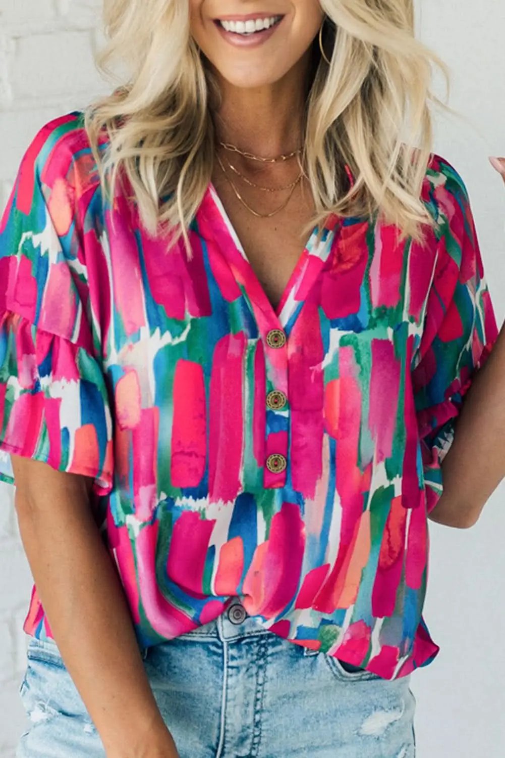 Rose Abstract Brushwork Print Buttoned V Neck Blouse - Love Salve